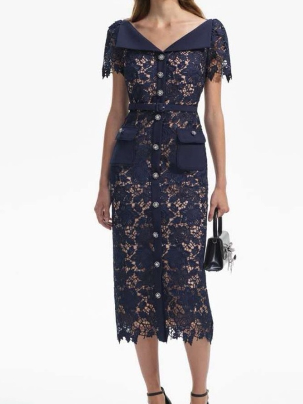 Self-Portrait Navy and Beige Lace Midi Dress